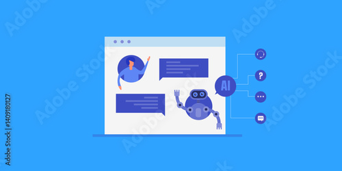 AI chatbot assistant, message communication with human customer, artificial intelligence technology understands user behaviour and query.