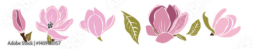 Set of hand drawn pink magnolia flowers and green leaves design elements. hand drawn flat vector illustrations isolated on transparent background