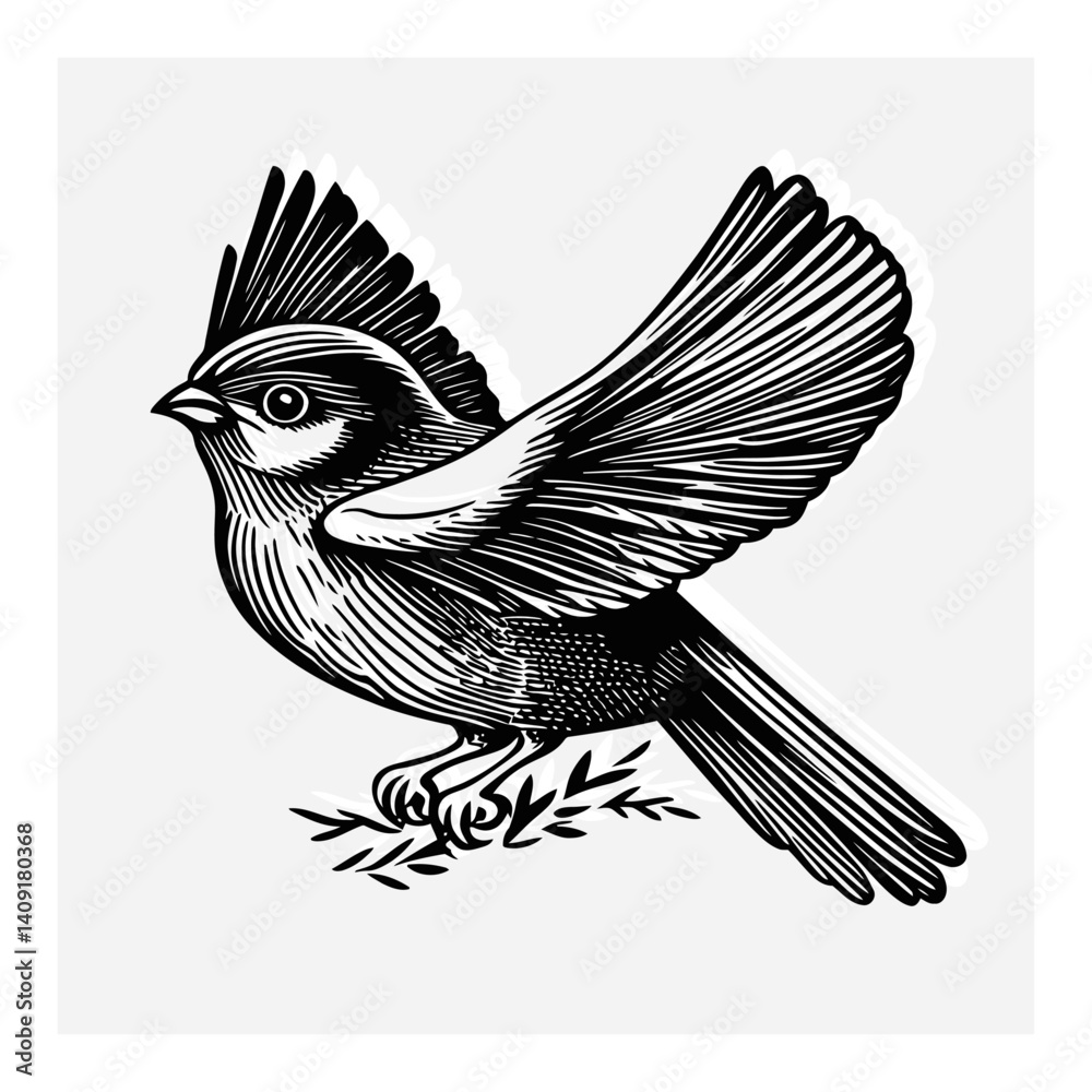 Naklejka premium Detailed Engraving of a Bird in Flight with Delicate Leaf Elements