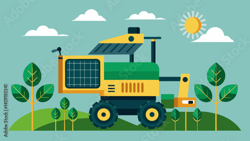 Designed with sustainability in mind the robotic g harvester is powered by renewable energy sources reducing its carbon footprint and promoting ecofriendly farming practices.. Vector illustration