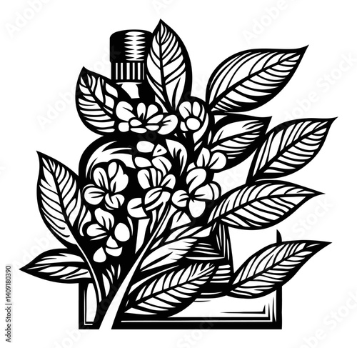 Elegant Engraving of a Bottle Surrounded by Botanical Elements
