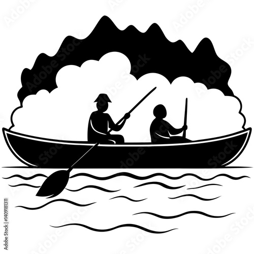Silhouette of a canoe with two people paddling through misty waters