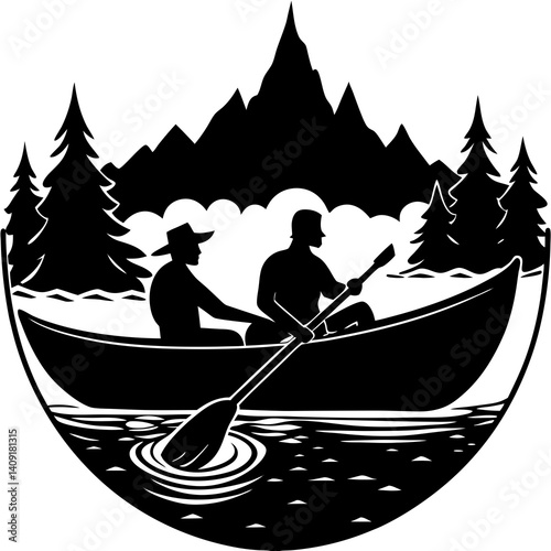 Silhouette of a canoe with two people paddling through misty waters