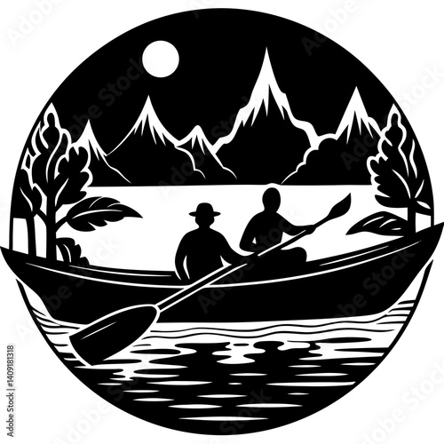 Silhouette of a canoe with two people paddling through misty waters