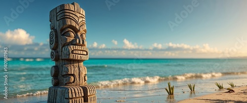 A carved wooden tiki statue stands near the ocean with blue water.
