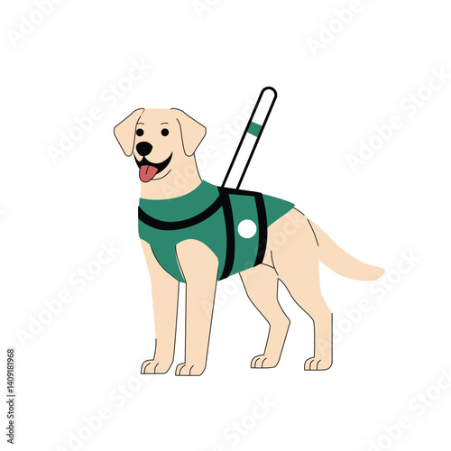 Flat illustration of a Labrador Retriever guide dog wearing a green harness and handle. Perfect for accessibility, service animals, disability support, and assistance dog themes. Vector illustration