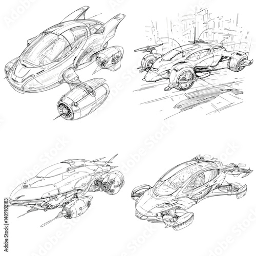 Concept art of futuristic flying cars in pencil sketch style, ideal for sci-fi vehicle design, automotive innovation, future transportation, and industrial design illustrations.

