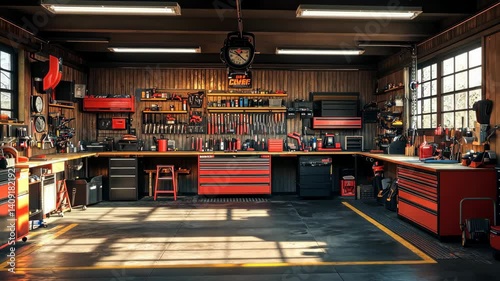 Organized and well-lit workshop garage interior with red toolboxes and wooden walls