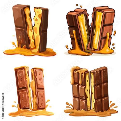 Delicious chocolate bars breaking open with gooey caramel filling and melting drips, perfect for sweet food illustrations, dessert branding, and candy product designs.

