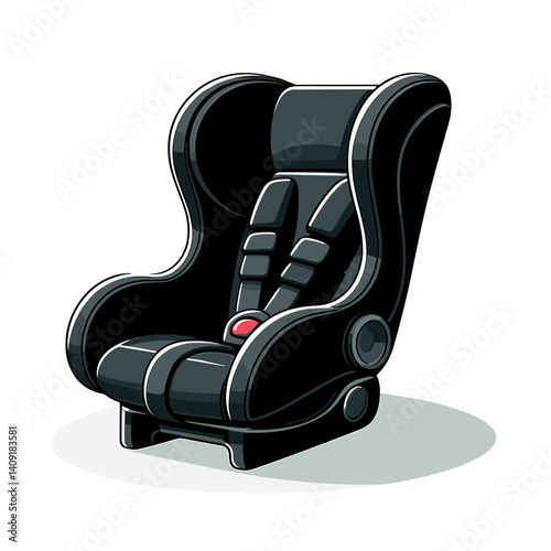 Black car seat for children with safety harness. Perfect for family travel, child safety or automobile accessories illustrations.