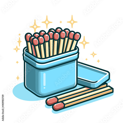 Matchbox with wooden matches in blue container with open lid. Ideal for camping gear, fire starting equipment, and household utility illustrations.