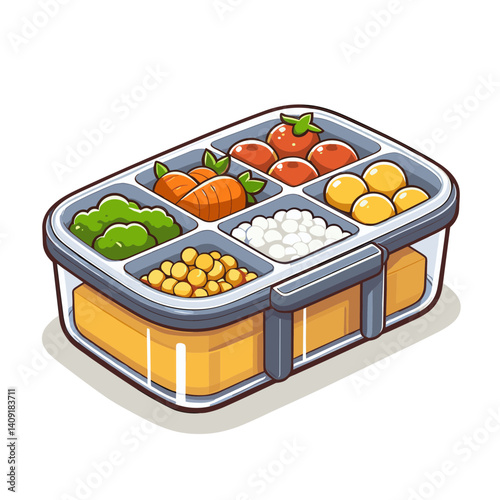 Bento box with compartments of colorful healthy food. Ideal for meal prep marketing, lunch containers, and nutritional balanced eating concepts.