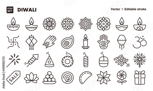 Diwali line icon set. Vector editable stroke icon.