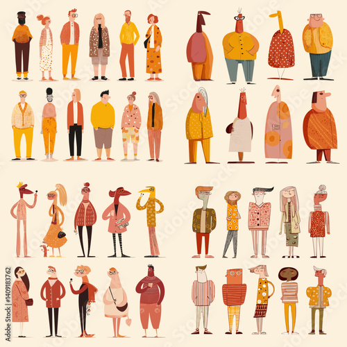 Creative collection of quirky cartoon characters in hand-drawn style with warm tones. Ideal for editorial use, character design, posters, storybooks, and trendy illustration themes.

