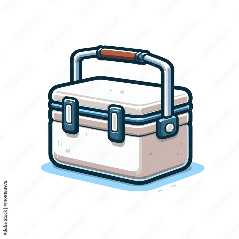Compact cooler box with handle in white and blue design. Ideal for outdoor activities, picnics, and portable food storage illustrations. Compact cooler box with handle in white and blue design. Ideal for outdoor activities, picnics, and portable food storage illustrations.