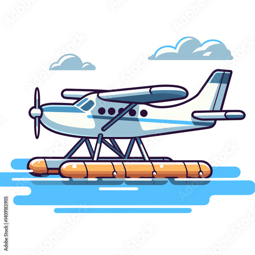 Seaplane with pontoons landing on blue water. Perfect for scenic tour operators, adventure travel services, and remote destination transportation.