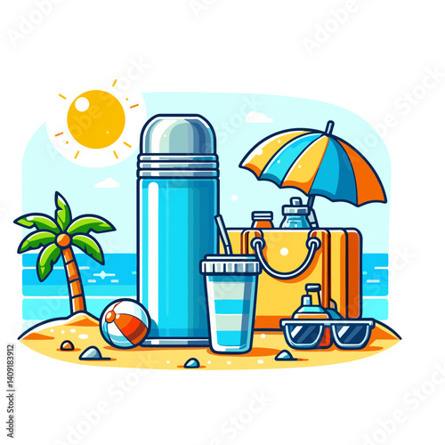Beach vacation essentials with thermos, umbrella and accessories. Ideal for summer travel blogs, holiday packing guides, and coastal leisure concepts.
