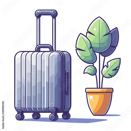 Purple suitcase with potted plant and green leaves. Ideal for eco-friendly travel, sustainable tourism, and home relocation services.