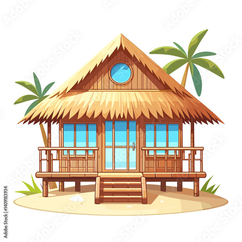 Tropical beach bungalow with thatched roof and wooden deck. Ideal for exotic vacations, island resorts, and luxury travel destinations.
