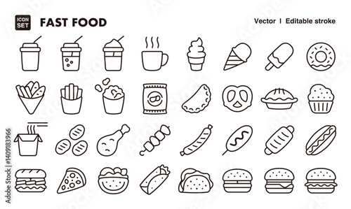 Fast food line icon set. Vector editable stroke icon.