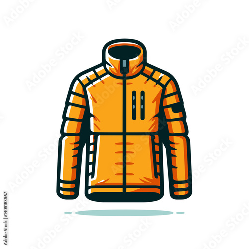 Yellow down jacket with modern design details. Essential for winter clothing catalogs, outdoor gear presentations, and cold weather fashion collections.