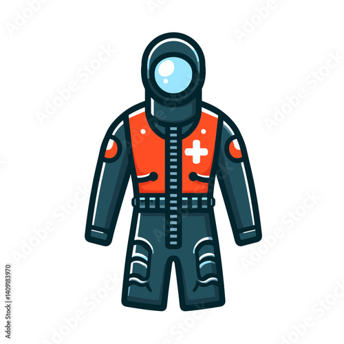 Rescue wetsuit with orange safety vest and reflective elements. Ideal for water safety equipment, emergency services, and maritime rescue operations.