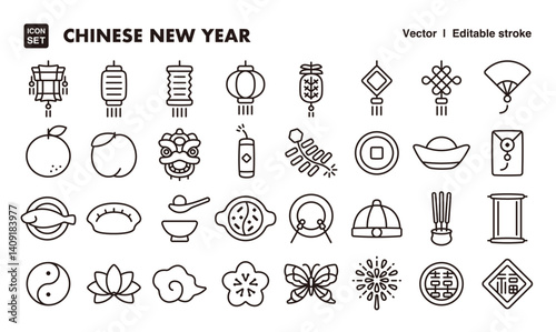Chinese new year line icon set. Vector editable stroke icon.