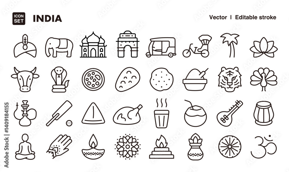 India line icon set. Vector editable stroke icon. India line icon set. Vector editable stroke icon.