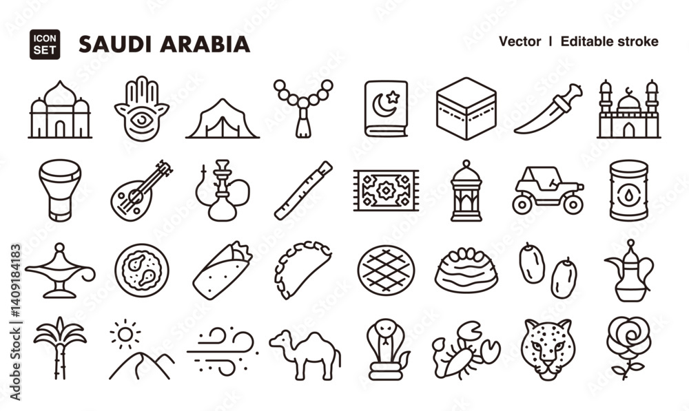 Saudi Arabia line icon set. Vector editable stroke icon.