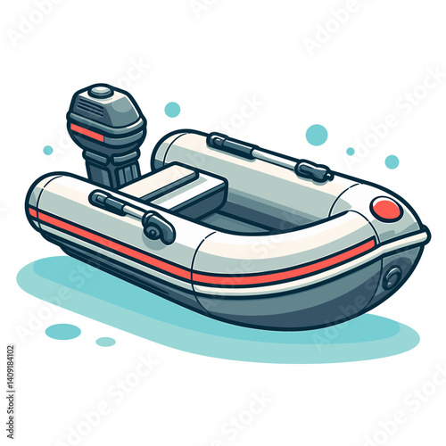 Vector illustration of inflatable boat with motor, perfect for water recreation and fishing equipment marketing
