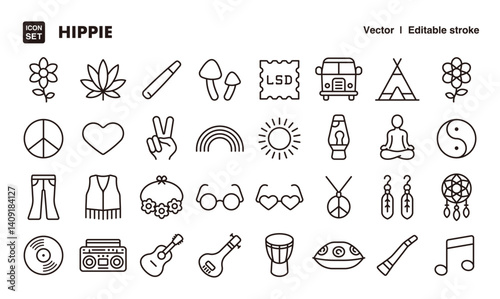 Hippie line icon set. Vector editable stroke icon.