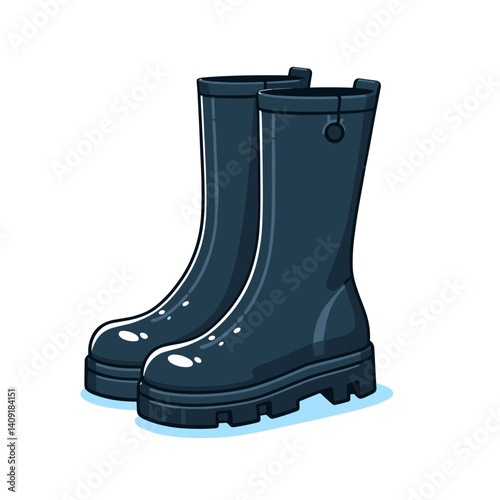 Vector illustration of black rubber rain boots, ideal for rainy weather apparel and outdoor gear marketing