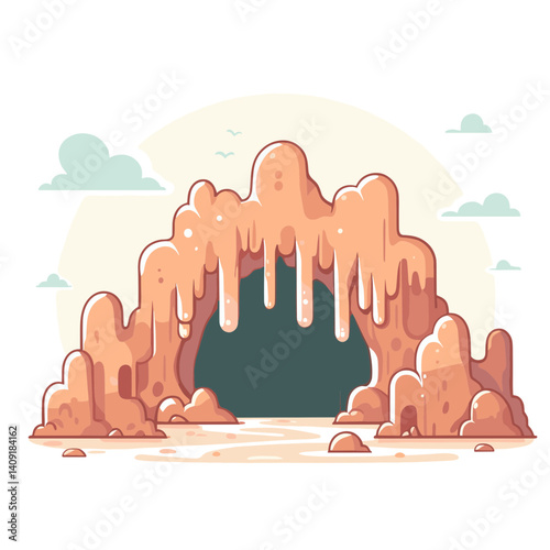 Vector illustration of desert cave entrance with rock formations, ideal for adventure tourism and natural landmark concepts