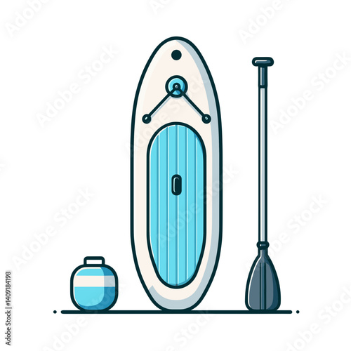 Stand-up paddle board with paddle and water bottle in blue color. Perfect for water sports, summer activities or beach vacation illustrations.
