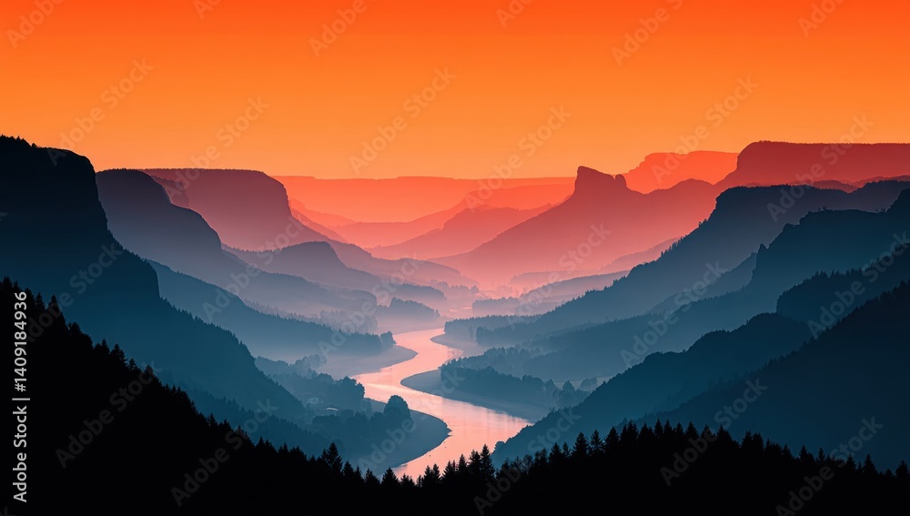Obraz premium Serene Sunset Over a River Valley: A Panoramic View of Majestic Mountains