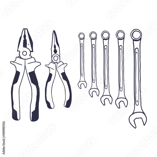 A set of hand tools including pliers and wrenches, drawn in a clean and minimal style – line art cartoon vector illustration design