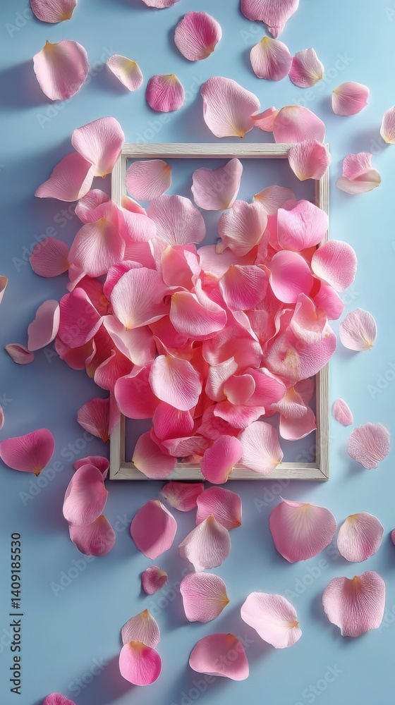 Fototapeta premium Heart Shape Frame with Petals on Blue Background