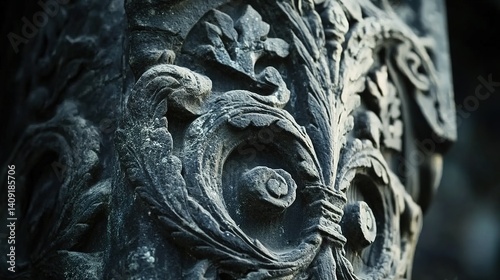 Intricate stone carving detail showing floral ornaments on ancient column. Ai generative