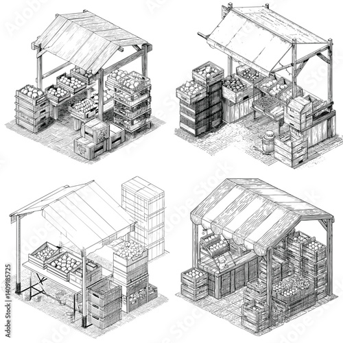Isometric line art illustrations of traditional market stalls with crates of fruits and vegetables. Ideal for food markets, farm stands, organic produce, and vintage retail visuals.

