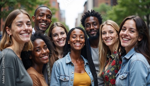 Group of eight happy diverse young adult friends showing camaraderie standing together against a blurred city background photo