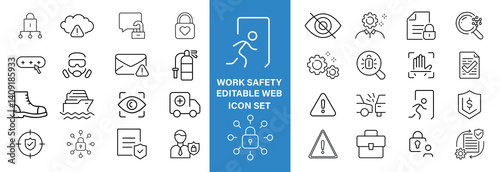 Work Safety editable stroke outline web icons set. Safety first, hazard, protection, health, insurance, regulations, helmet and work. Vector illustration