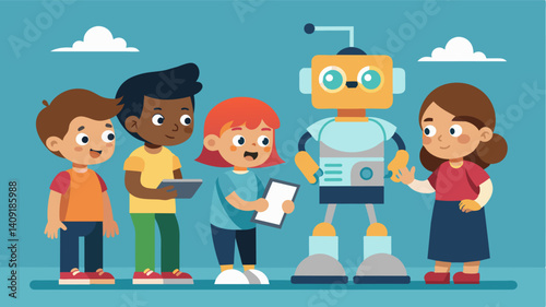 A group of children take turns giving instructions to a small robot carefully coding its movements and reactions.. Vector illustration
