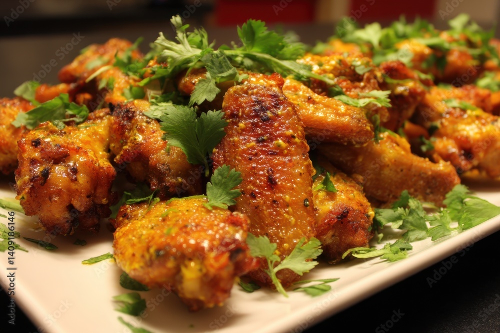 Fototapeta premium Appetizing close up of golden fried chicken wings garnished with fresh cilantro on a white plate perfect for culinary blog or restaurant menu