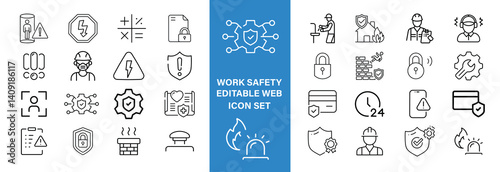 Work Safety editable stroke outline web icons set. Safety first, hazard, protection, health, insurance, regulations, helmet and work. Vector illustration