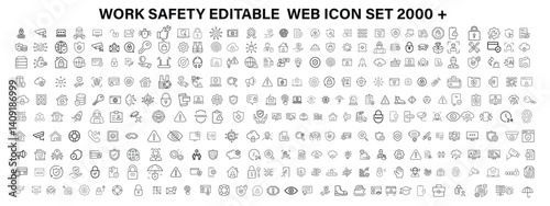 Work Safety editable stroke outline web icons set. Safety first, hazard, protection, health, insurance, regulations, helmet and work. Vector illustration