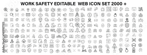Work Safety editable stroke outline web icons set. Safety first, hazard, protection, health, insurance, regulations, helmet and work. Vector illustration
