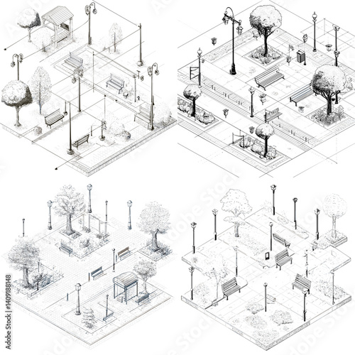 Isometric park scene illustrations in monochrome line art, featuring benches, street lamps, trees, and walkways. Ideal for urban design, landscape planning, and architectural sketches.


