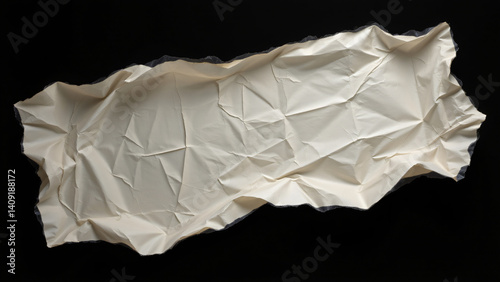 The void is punctuated by a distressed, pliable covering of pressed film. The folds and wrinkles introduce a complex arrangement of light and shadow, giving the surface a sense of depth and movement