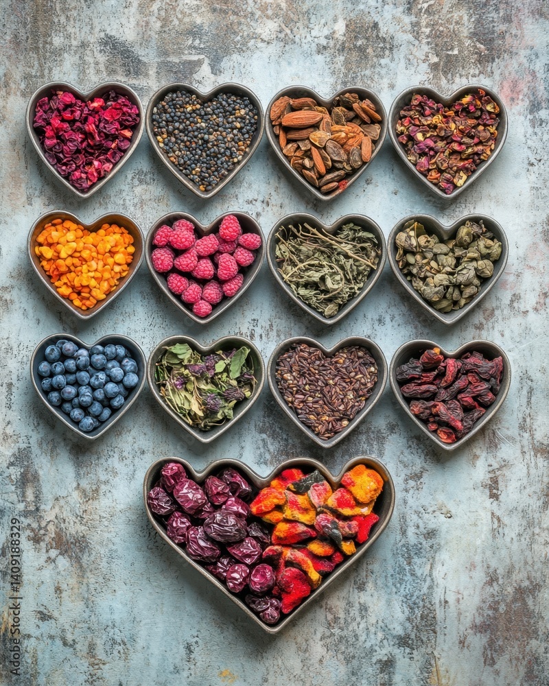 Fototapeta premium Heart Shaped Bowls Filled with Colorful Dried Fruits and Herbs on a Textured Background Overhead Shot