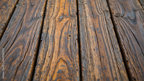 A close up of aged planks, exhibiting a rich palette of umber and sienna tones, accentuated by deep, irregular grooves tracing the wood's natural grain